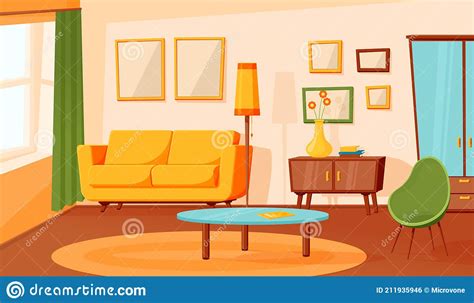 Cartoon Living Room Interior. Flat Empty Sofa, Indoor Area Design Stock ...