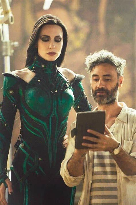 Cate Blanchett as Hela with director Taika Waititi on the ...