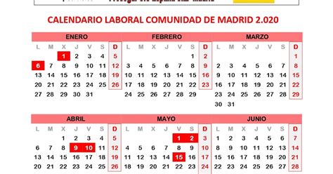 CC.OO. PROSEGUR MADRID: CALENDARIO LABORAL COMUNIDAD DE MADRID 2020