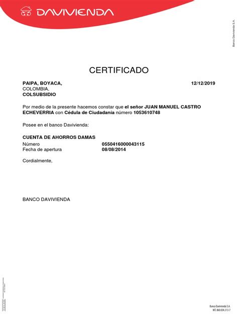 Certificado DAVIVIENDA | PDF
