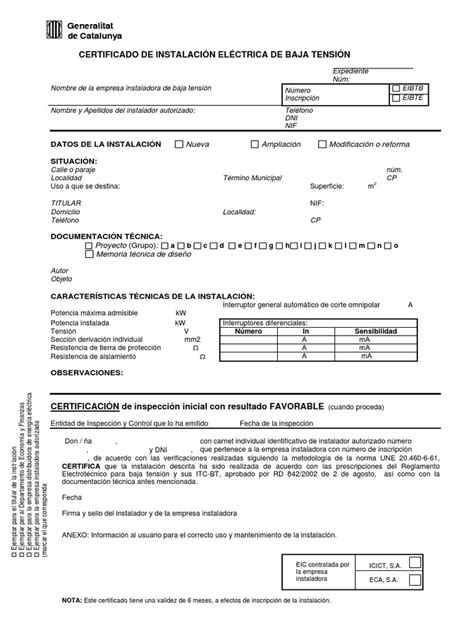 Certificado de Instalacion Electrica  Boletin  para Cataluna | PDF ...