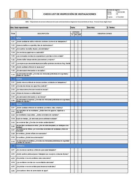 Check List De Inspección De Instalaciones: Obra / Sede inspeccionada ...