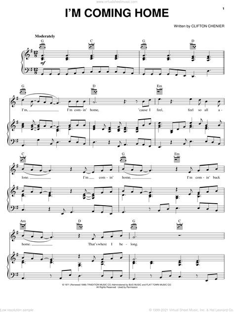 Chenier   I m Coming Home sheet music for voice, piano or ...