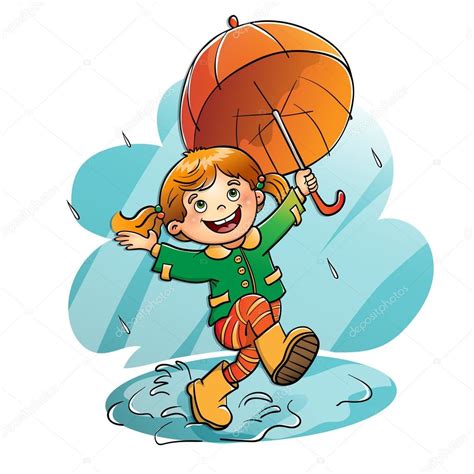 Chica alegre saltando en la lluvia con un paraguas naranja — Vector de ...