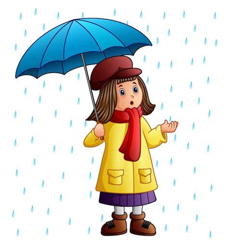 Chica de dibujos animados con paraguas de pie bajo las gotas de lluvia ...