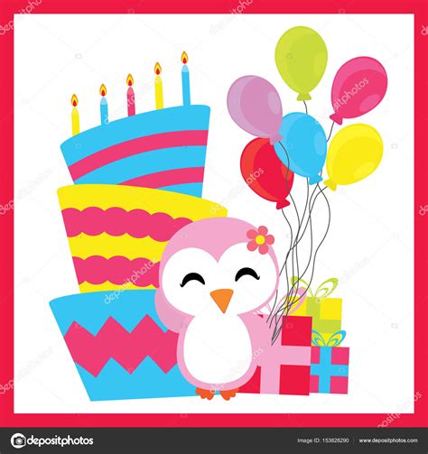 Chica pingüino lindo con la postal de cumpleaños torta ...