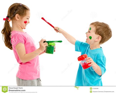 Children Painting Faces With Kids Paint Brushes Stock ...