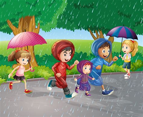 Children running in the rain 373518 Vector Art at Vecteezy