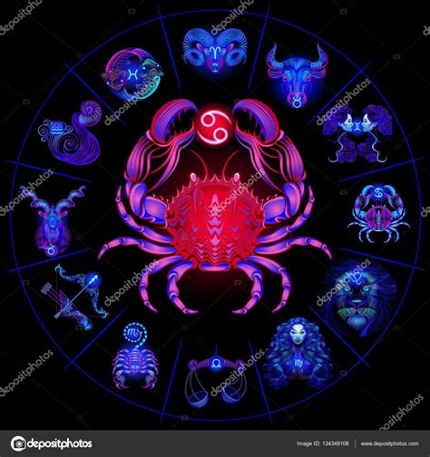 Círculo del horóscopo de neón con signos del zodiaco. Conjunto de ...