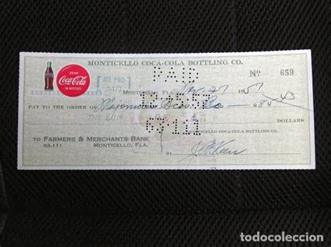 coca cola talon cheque usa 1957 monticello orig   Comprar ...