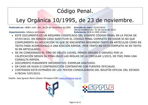 Código Penal. Ley Orgánica 10/1995, de 23 de   Principios COP
