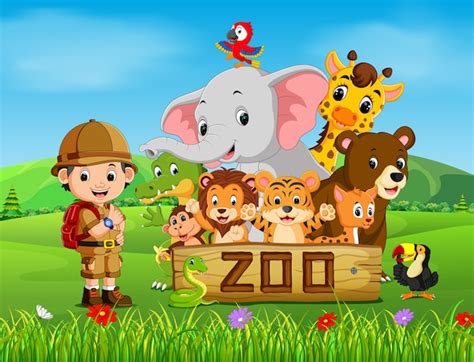 Colección de animales del zoológico con guía | Vector Premium