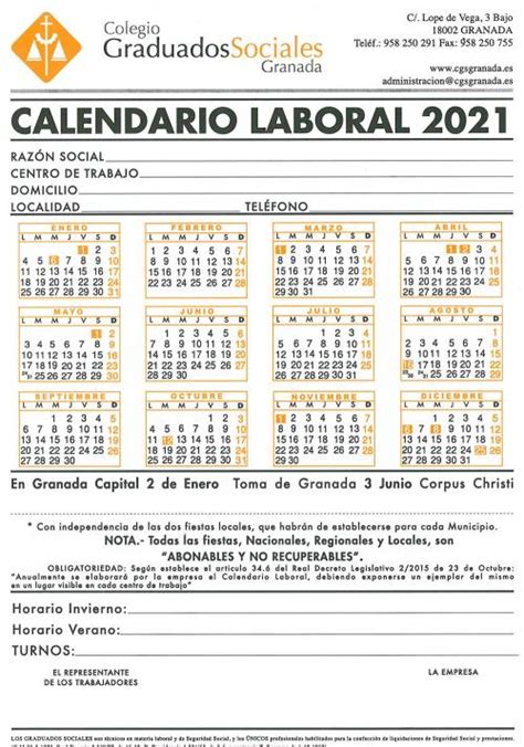 Colegio de Graduados Sociales de Granada   CALENDARIO LABORAL 2021