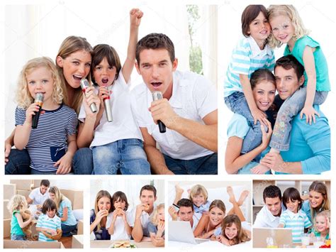 Collage de una familia compartiendo momentos juntos en casa — Fotos de ...