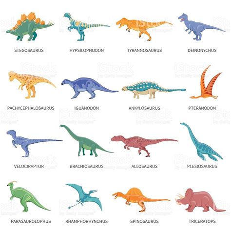Colored isolated icons set of different types of dinosaurs ...