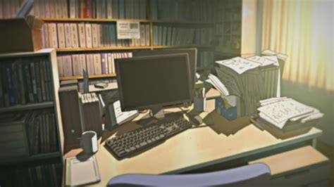 Computers indoors room illustrations anime desks Nichijou ...