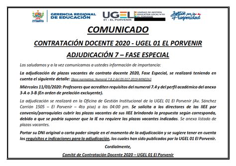 COMUNICADO CONTRATACIÓN DOCENTE 2020   UGEL 01 EL PORVENIR ...
