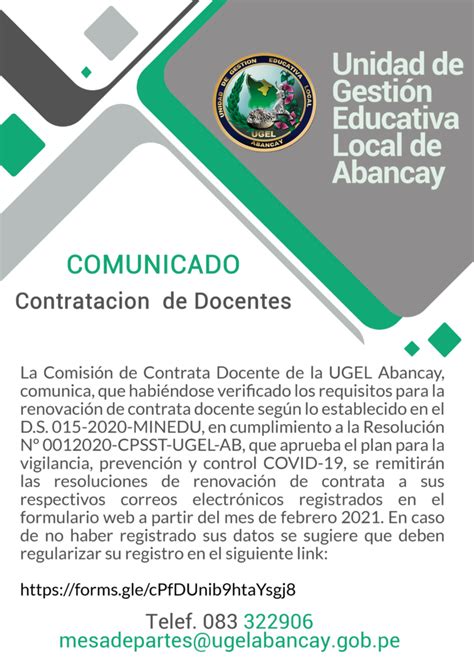 Comunicado – Docentes en proceso de contratación 2021. | UGEL Abancay