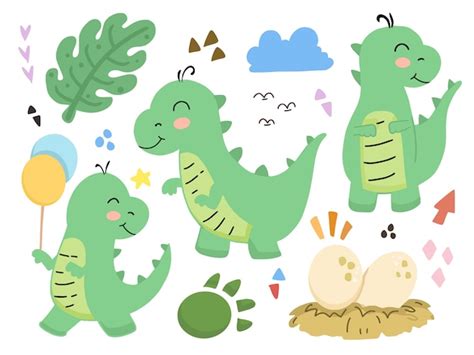 Conjunto de ilustración de dibujos animados lindo bebé dinosaurio ...