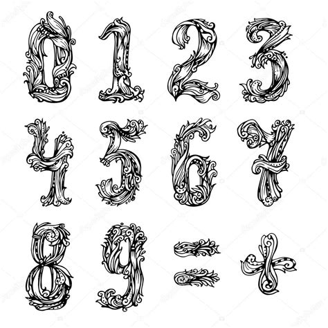 Conjunto de números antiguos originales remolino estilo . — Archivo ...