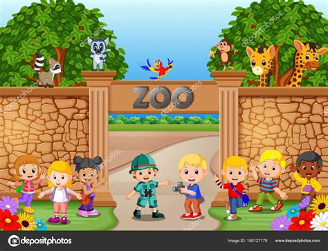 Crianças Brincando Zoológico Com Zookeeper Animal — Vetores de Stock ...
