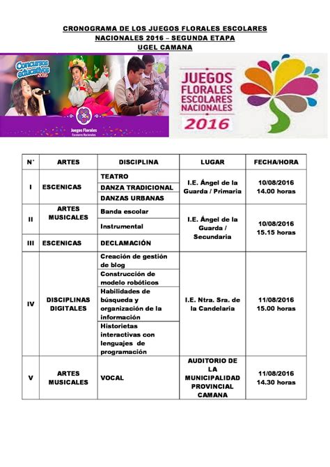 Cronograma de los Juegos Florales Escolares Nacionales 2016   Ugel ...