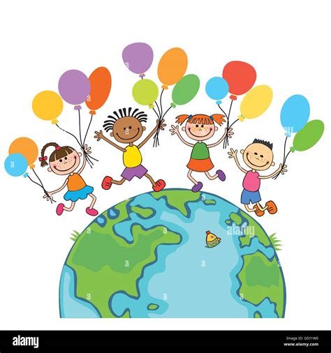 Cuatro feliz saltando los niños alrededor del mundo, con globos ...