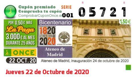 Cupon ONCE del Jueves 22 de Octubre de 2020   Nº 05721 ...