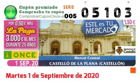 Cupon ONCE del Martes 1 de Septiembre de 2020   Nº 05103 ...
