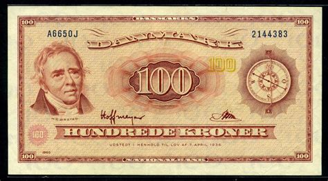 Currency of Denmark 100 Kroner banknote 1965 Hans ...