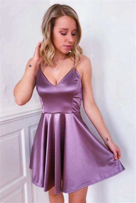 Cute V Neck Backless Purple Short Prom Dress Homecoming Dress, Backles ...