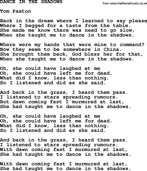 Dance In The Shadows by Tom Paxton   lyrics