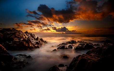 Dark Clouds and Sunset over Rocky Sea HD Wallpaper ...