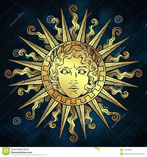 Dé El Sol Antiguo Exhausto Del Estilo Con La Cara De Dios Griego Y ...