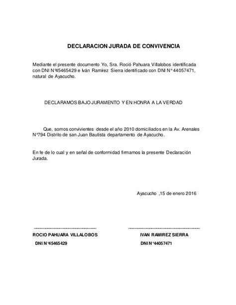 DECLARACION JURADA DE CONVIVENCIA Mediante el presente ...