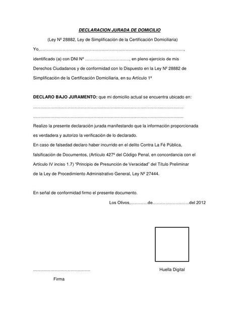 DECLARACION JURADA DE DOMICILIO  Ley Nº 28882, Ley de ...
