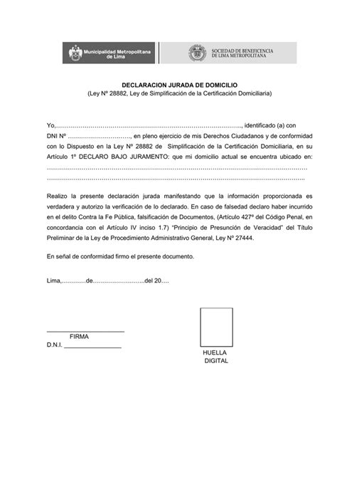 DECLARACION JURADA DE DOMICILIO  Ley Nº 28882, Ley de
