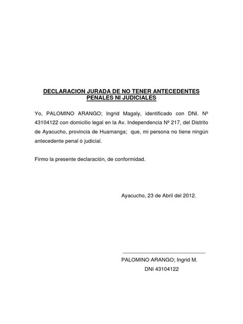 Declaracion Jurada de No Tener Antecedentes Penales Ni ...
