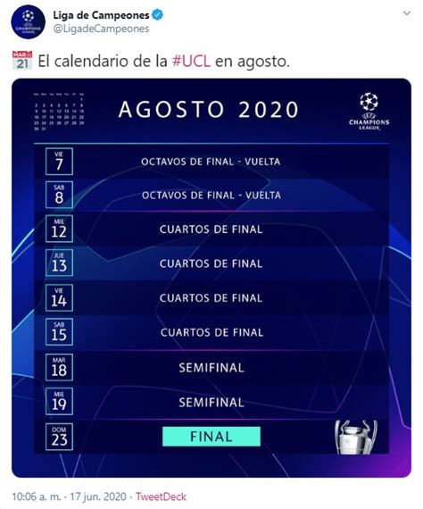 Definido el calendario de la Champions League 2019 20, con ...