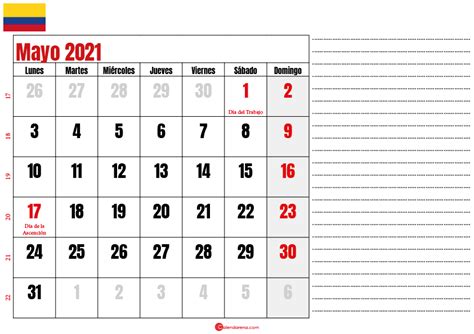 Descargar Gratis Calendario Mayo 2021 Colombia