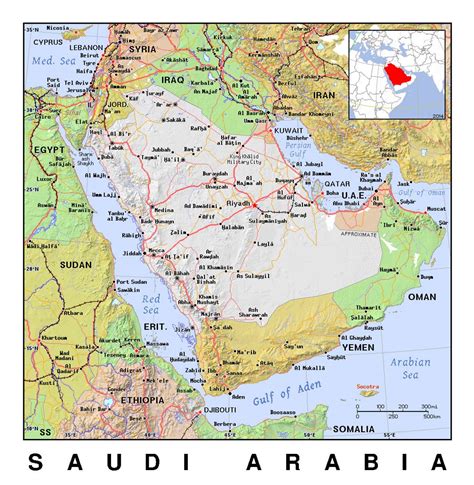 Detallado mapa político de Arabia Saudita con relieve ...
