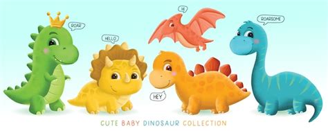 Dibujado a mano lindo bebé dinosaurio conjunto ilustración | Vector Premium