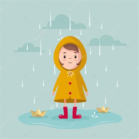 Dibujos: animados bajo la lluvia | Chica con barcos de papel, de pie ...