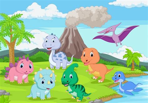 Dibujos animados de dinosaurios bebé en la selva | Vector Premium