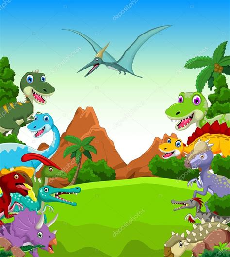 Dibujos animados de dinosaurios con fondo de paisaje Imagen Vectorial ...