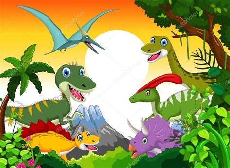 Dibujos animados de dinosaurios con fondo de paisaje para su diseño ...