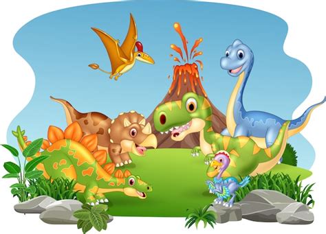Dibujos animados de dinosaurios felices en la jungla ...