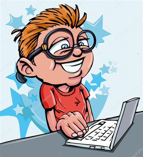 Dibujos animados de niño trabajando en un ordenador ...