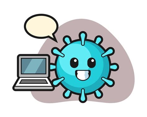 Dibujos animados de virus con una computadora portátil | Vector Premium