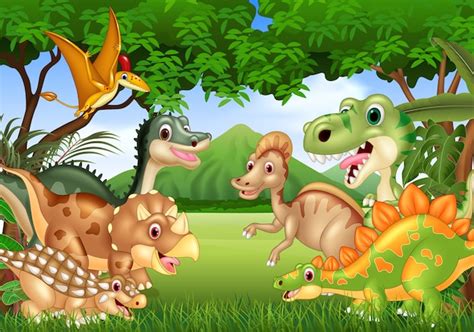 Dibujos animados dinosaurios felices viviendo en la jungla ...